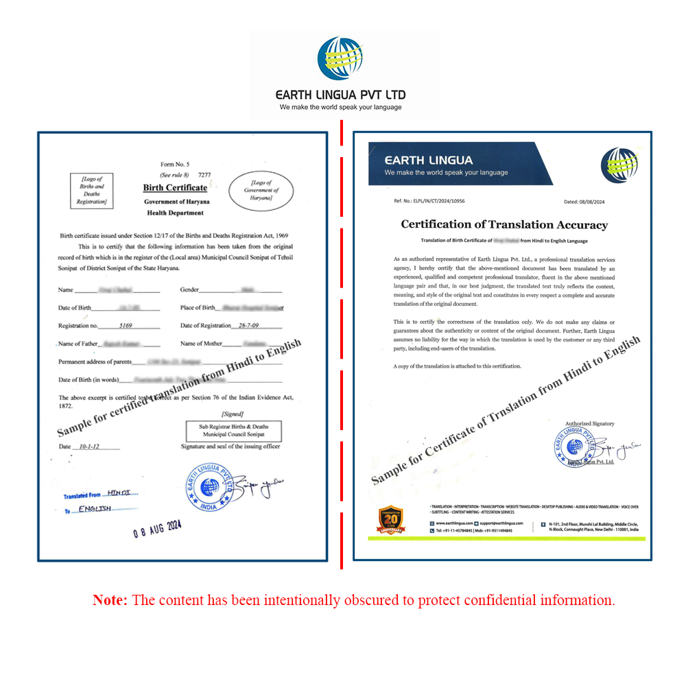 Any Indian language to English Certified Translation of Birth Certificate, Marriage Certificate and other Documents